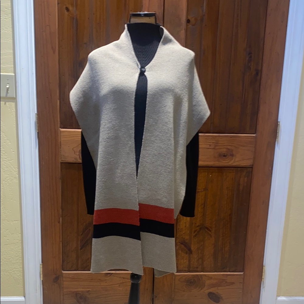 Beige Knit Scarf/shawl with Red and Black Stripes